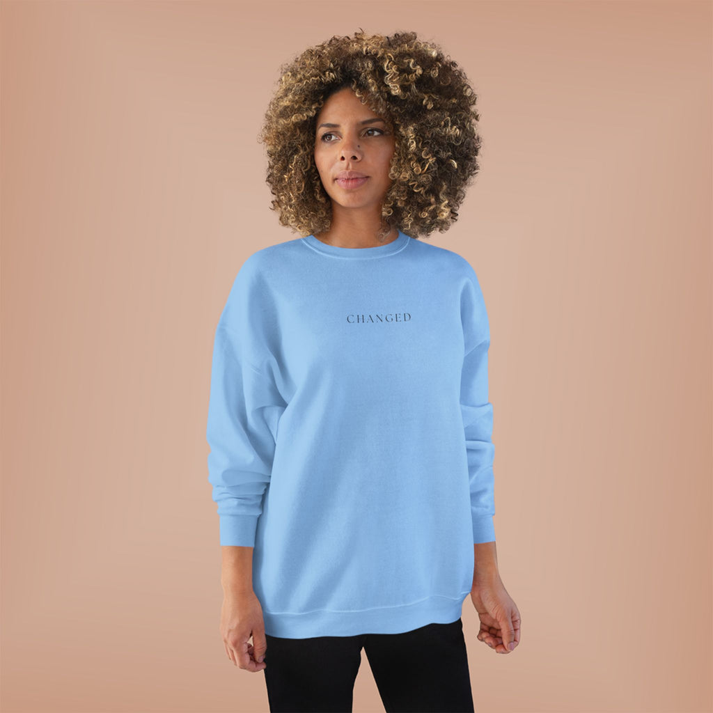 Minimal 'Changed' Crewneck Sweatshirt — Subtle Text Graphic, Eco-Friendly Comfort