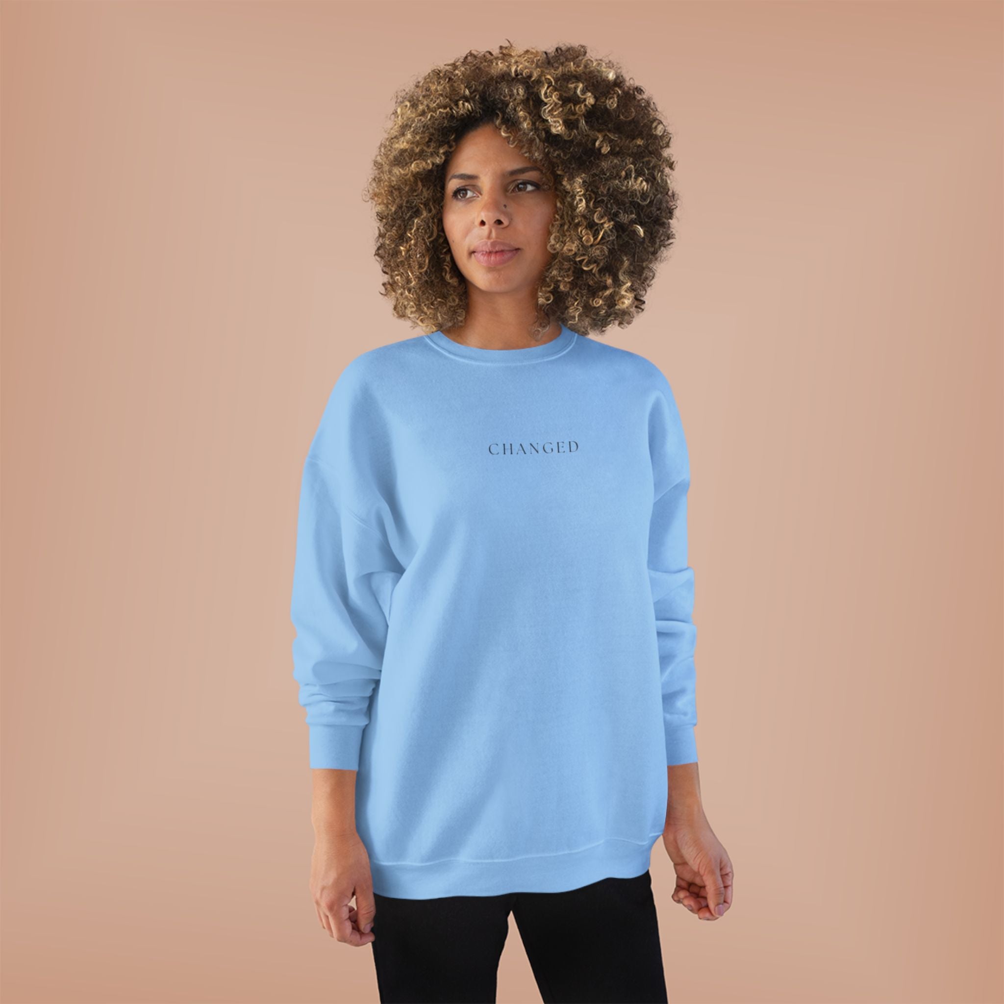 Minimal 'Changed' Crewneck Sweatshirt — Subtle Text Graphic, Eco-Friendly Comfort