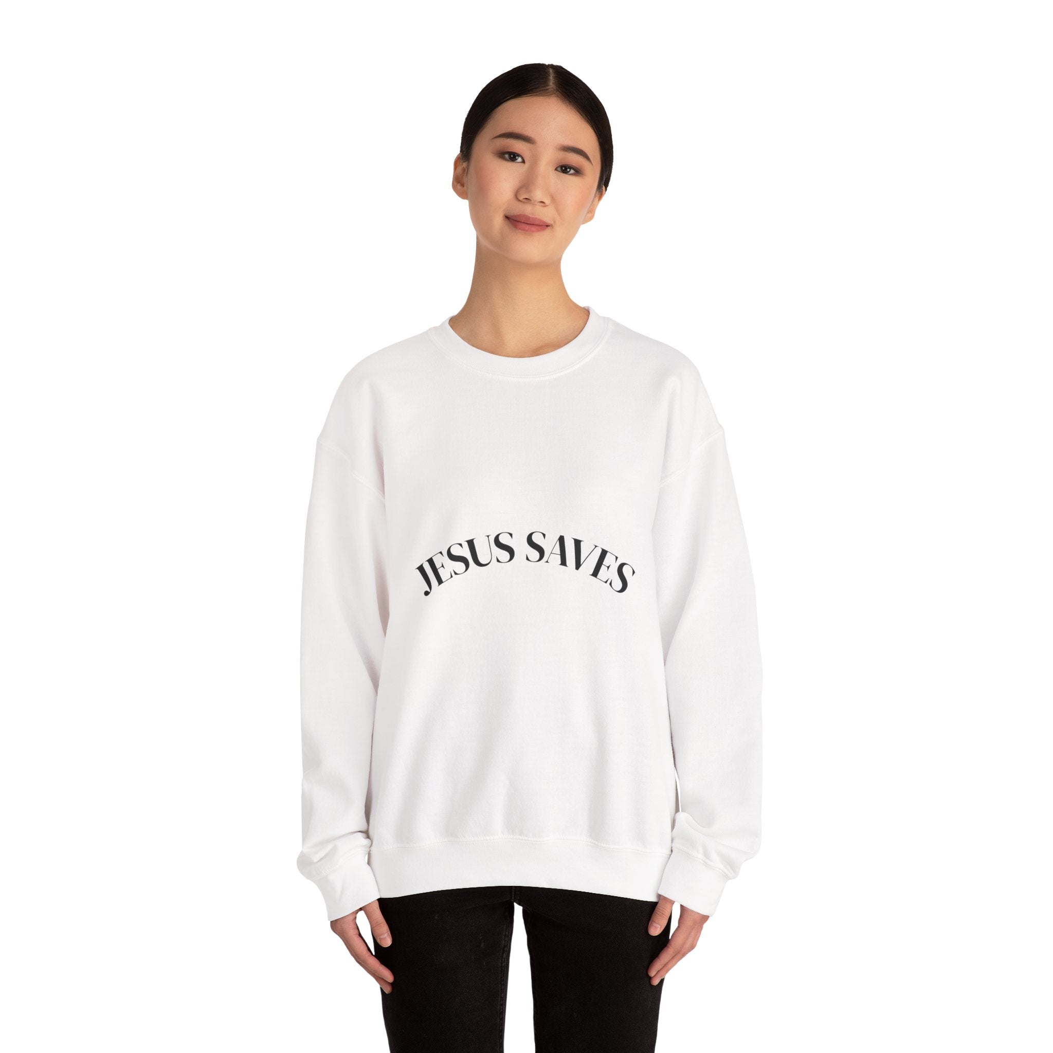 Crewneck Sweatshirt – "Jesus Saves" Minimalist Christian Faith Pullover