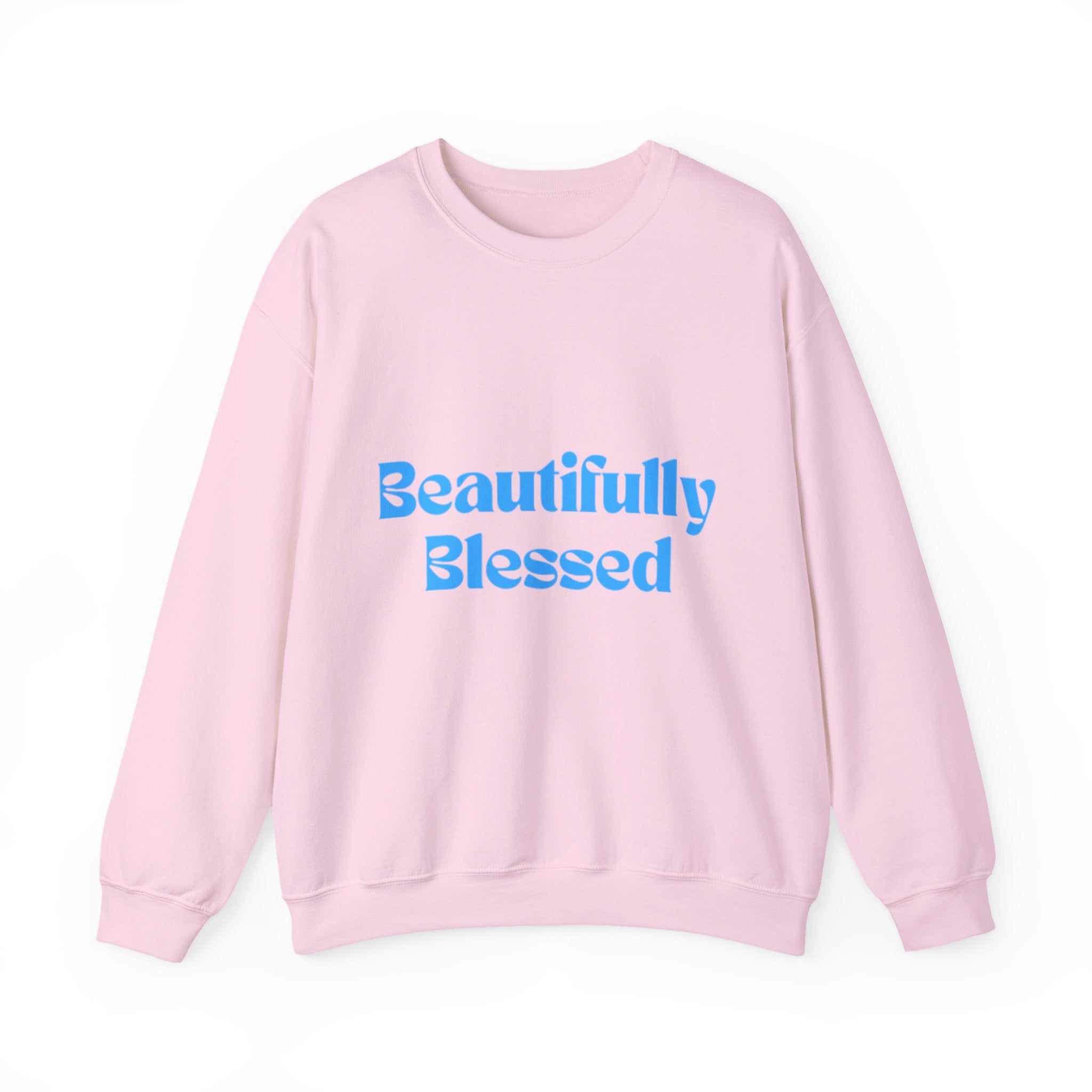 Beautifully Blessed Crewneck Sweatshirt | Inspirational Script, Light Blue Text