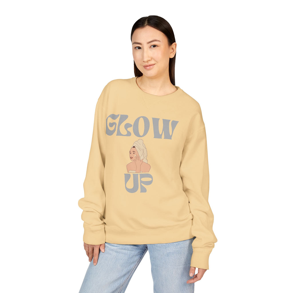 Glow Up Crewneck Sweatshirt — Retro Script Portrait Graphic