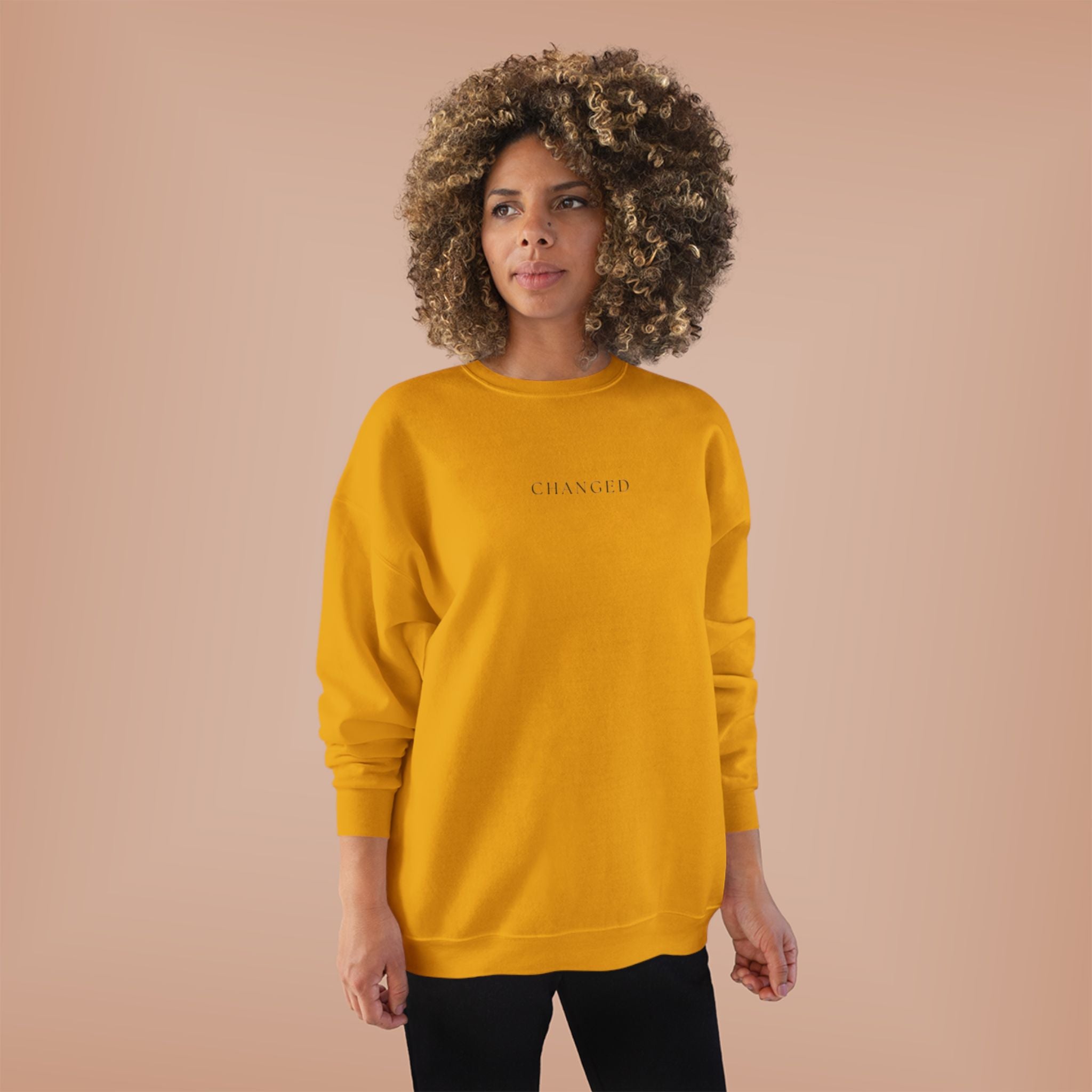 Minimal 'Changed' Crewneck Sweatshirt — Subtle Text Graphic, Eco-Friendly Comfort