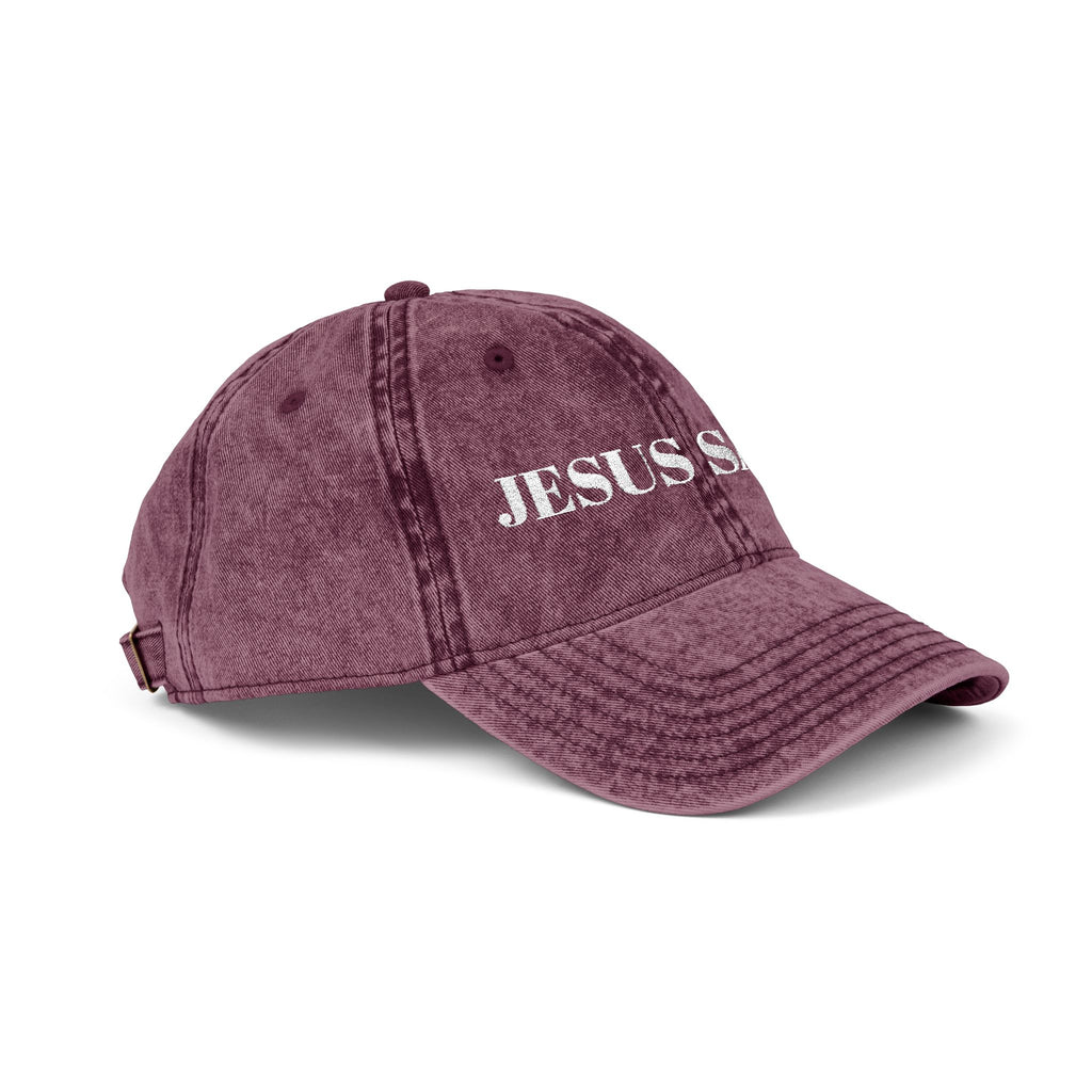 Jesus Saves Vintage Embroidered Cap — Distressed Red Faith Dad Hat