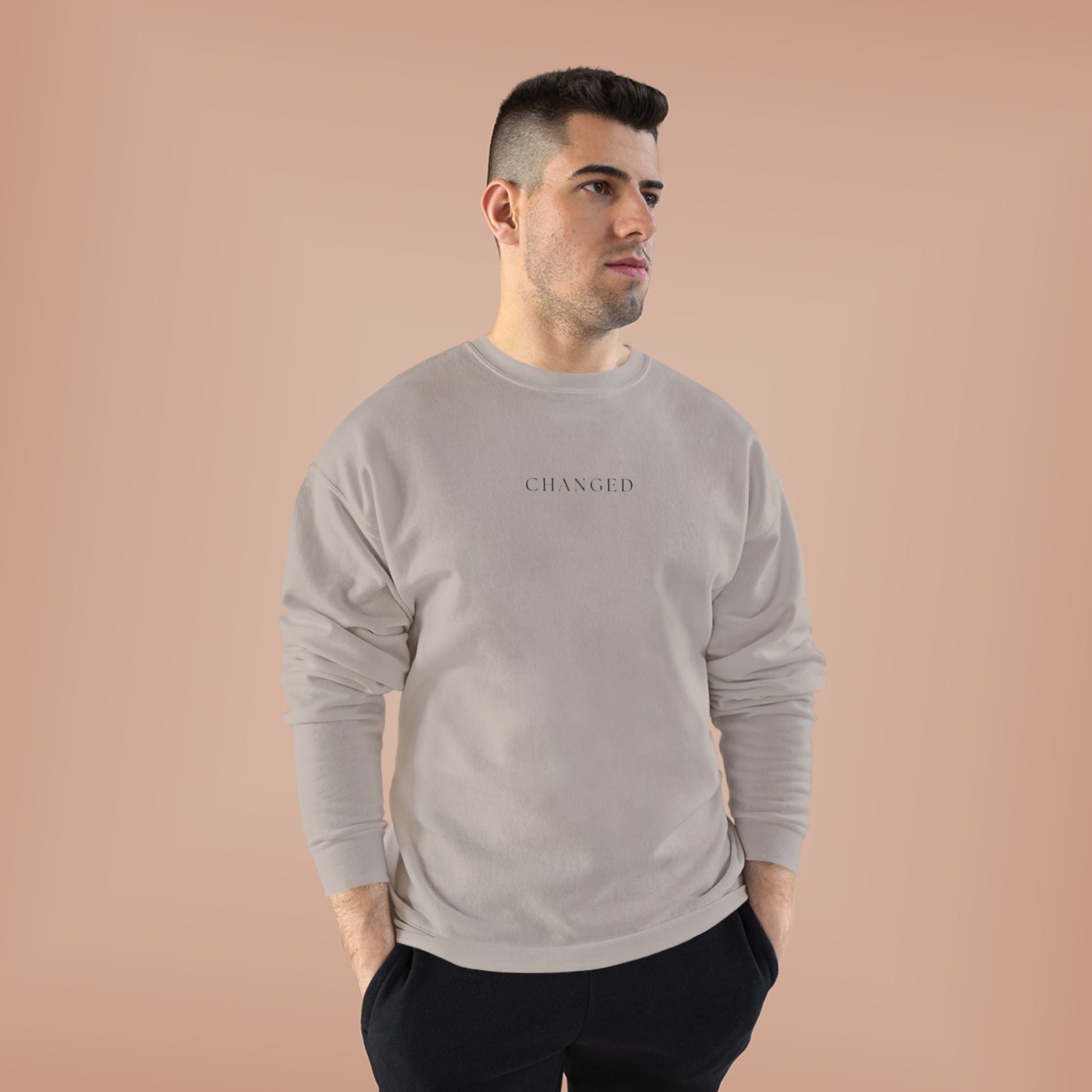 Minimal 'Changed' Crewneck Sweatshirt — Subtle Text Graphic, Eco-Friendly Comfort