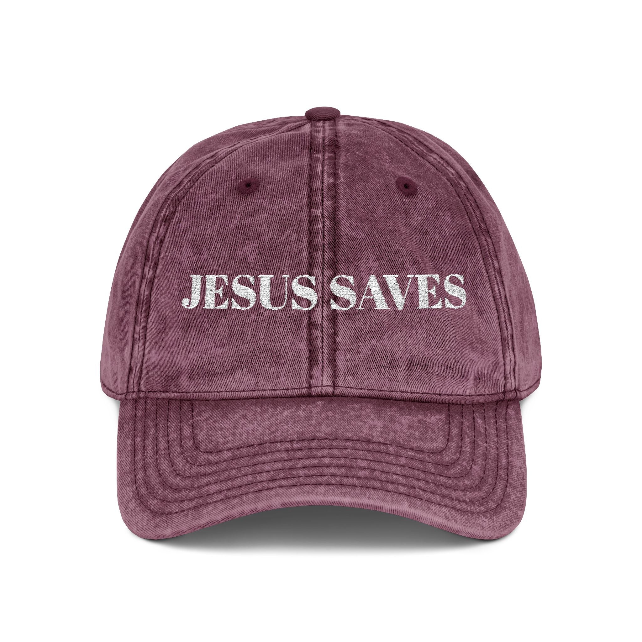 Jesus Saves Vintage Embroidered Cap — Distressed Red Faith Dad Hat