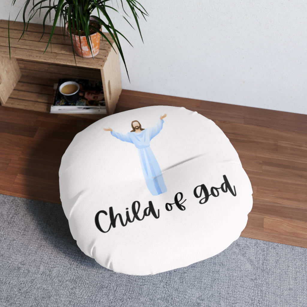 Round Tufted Floor Pillow — "Child of God" Christian Decor