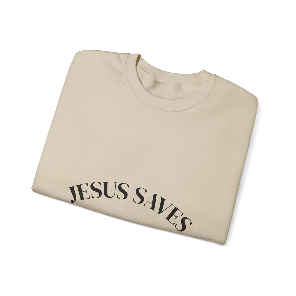 Crewneck Sweatshirt – "Jesus Saves" Minimalist Christian Faith Pullover