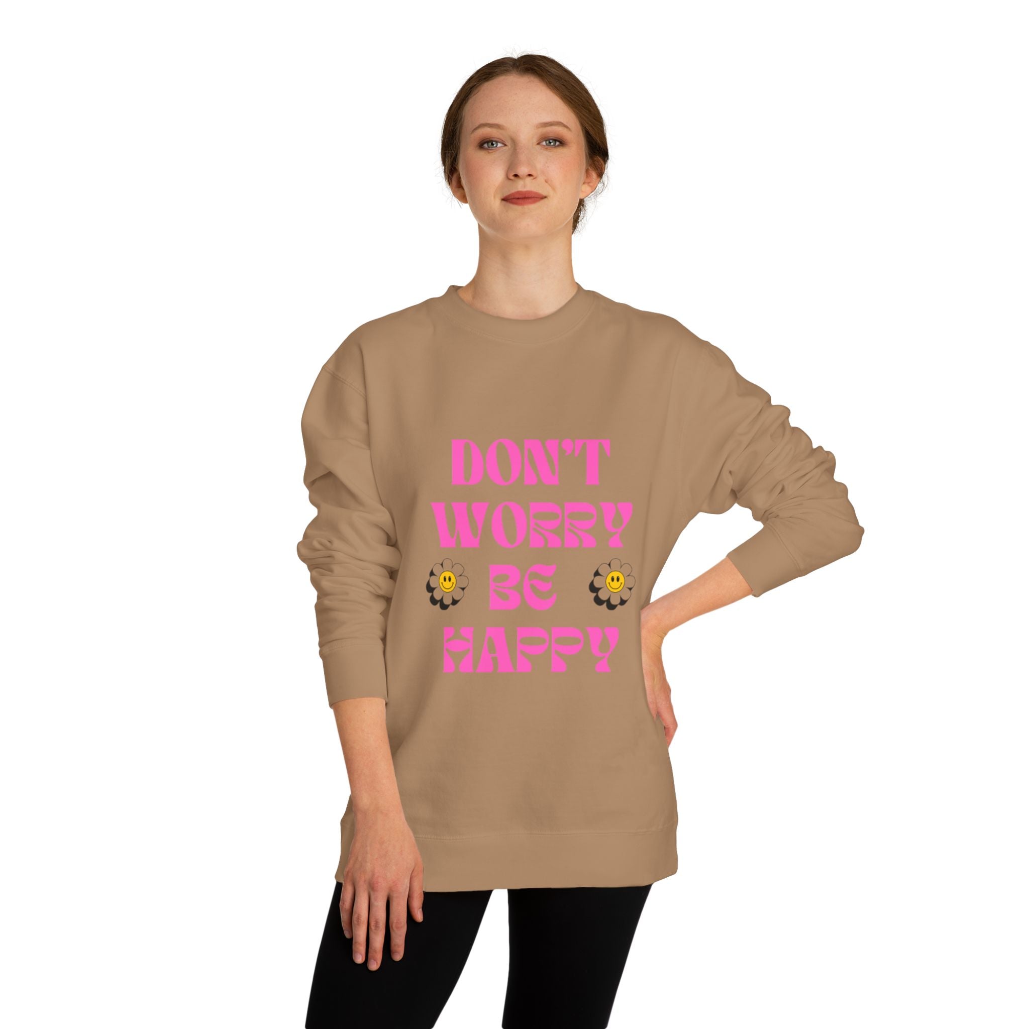 Don't Worry Be Happy Sweatshirt — Pink Retro Daisy Graphic Crewneck