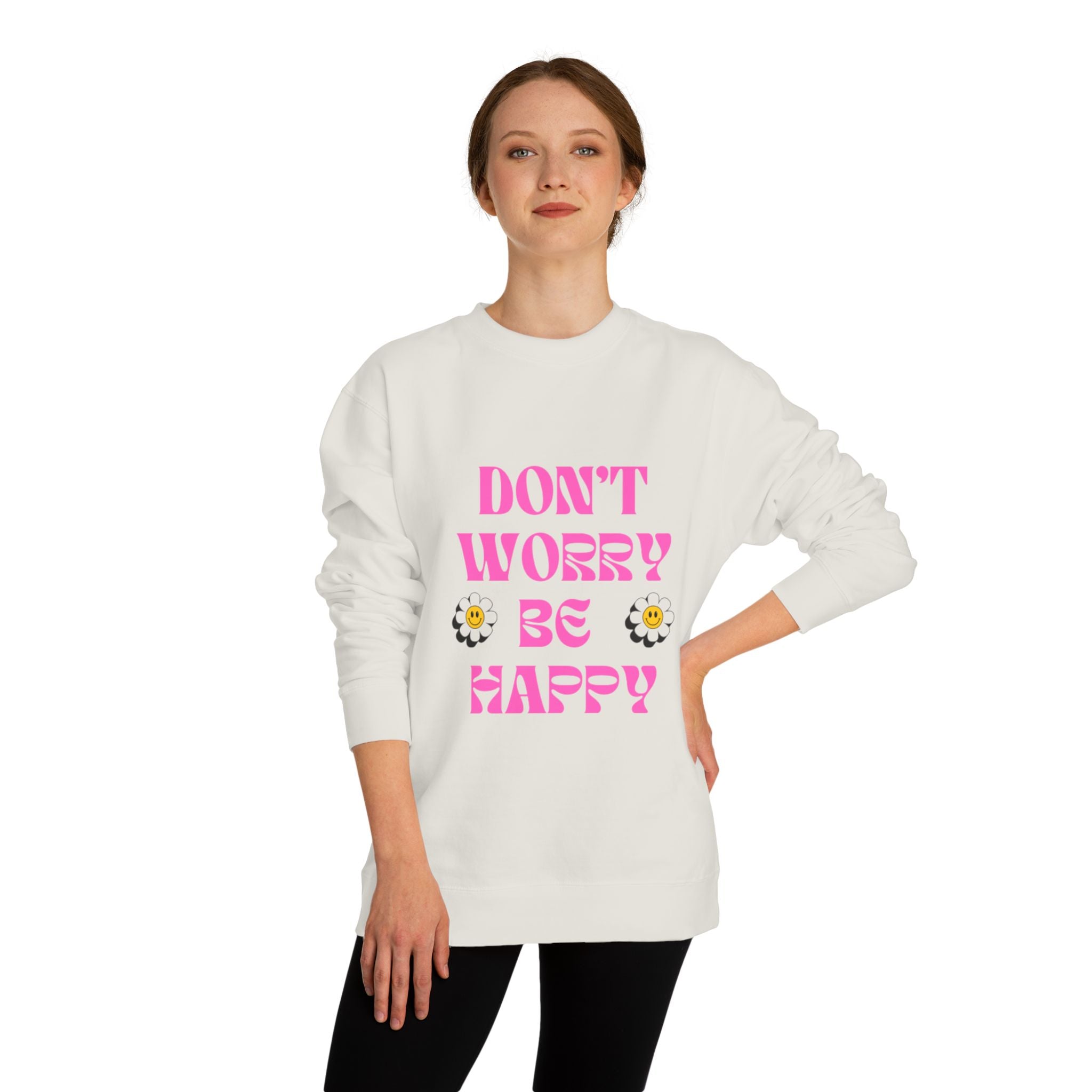 Don't Worry Be Happy Sweatshirt — Pink Retro Daisy Graphic Crewneck
