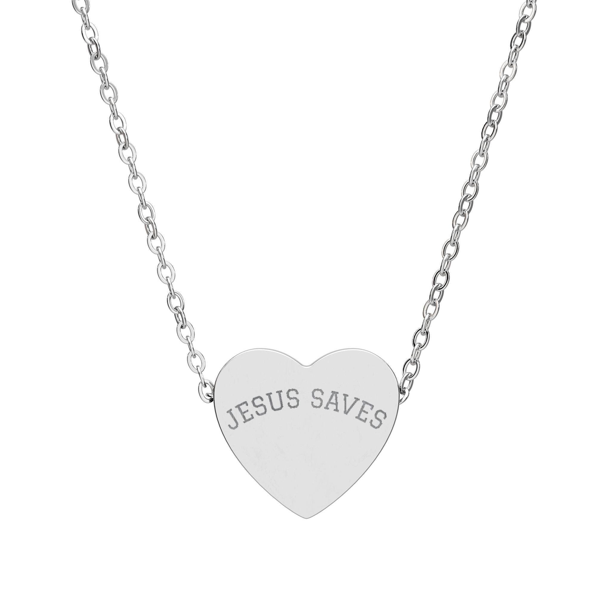 Heart Necklace — Engraved "Jesus Saves" Pendant Necklace (Silver or Rose Gold)