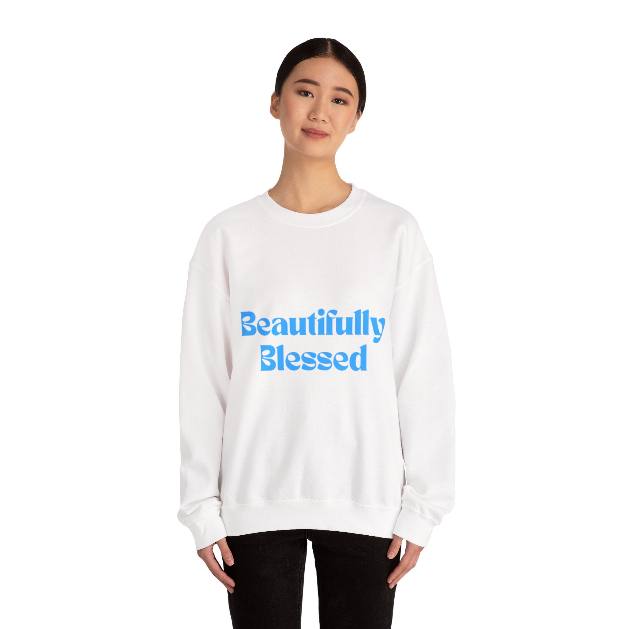Beautifully Blessed Crewneck Sweatshirt | Inspirational Script, Light Blue Text