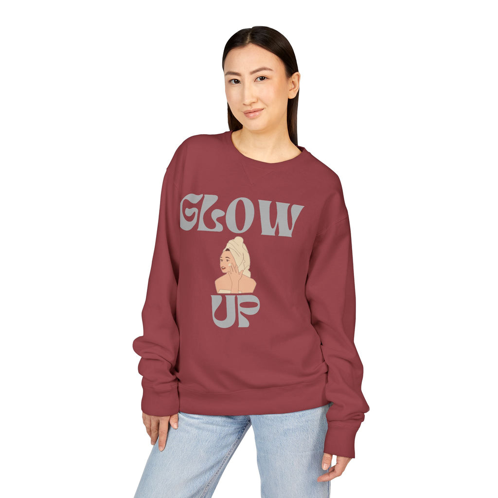 Glow Up Crewneck Sweatshirt — Retro Script Portrait Graphic