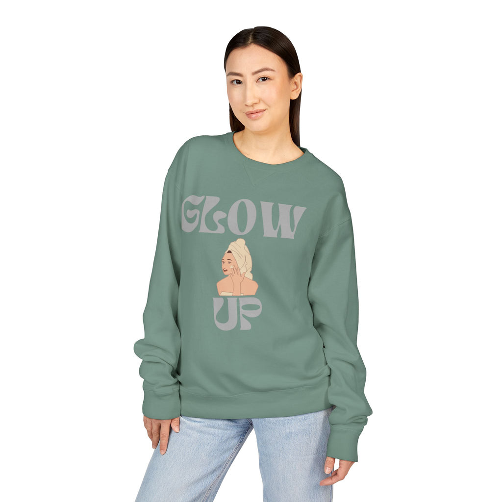 Glow Up Crewneck Sweatshirt — Retro Script Portrait Graphic