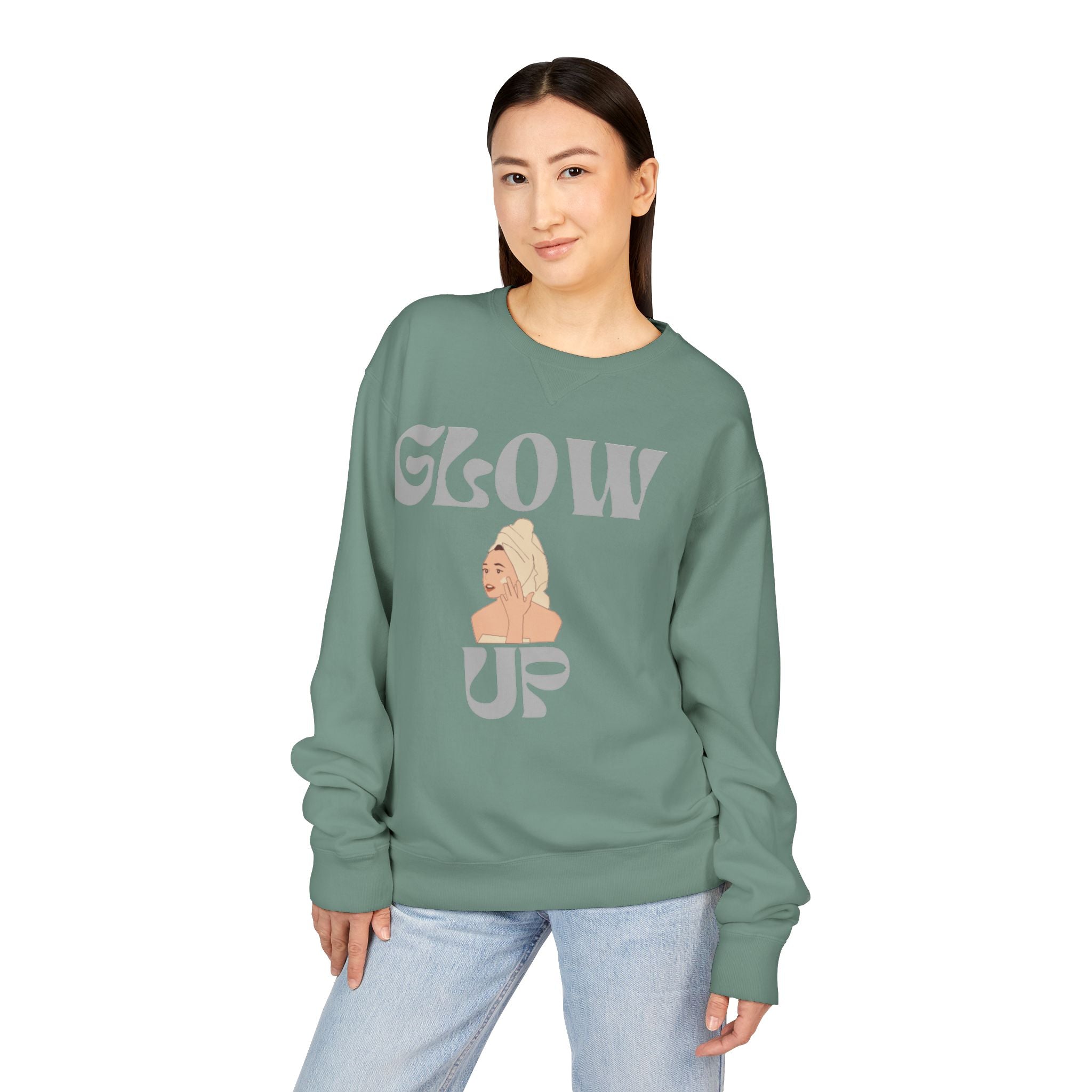 Glow Up Crewneck Sweatshirt — Retro Script Portrait Graphic