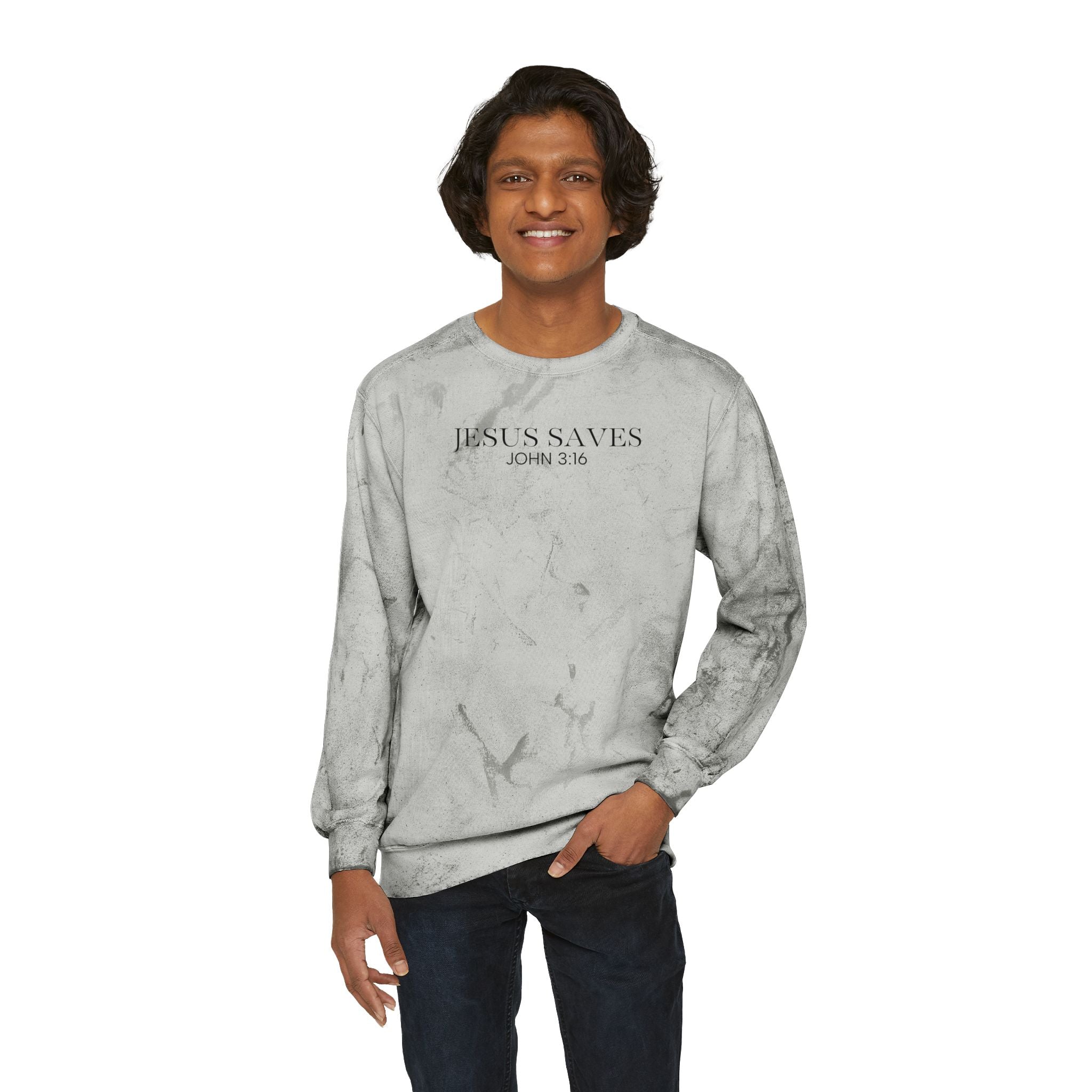 Jesus Saves Crewneck Sweatshirt - Marble Tie-Dye Christian Pullover