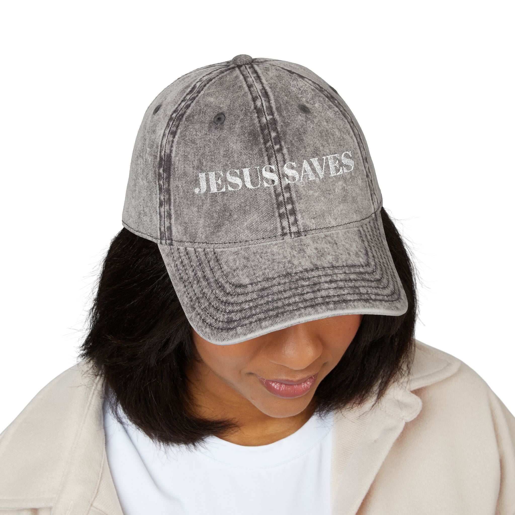 Jesus Saves Vintage Embroidered Cap — Distressed Red Faith Dad Hat