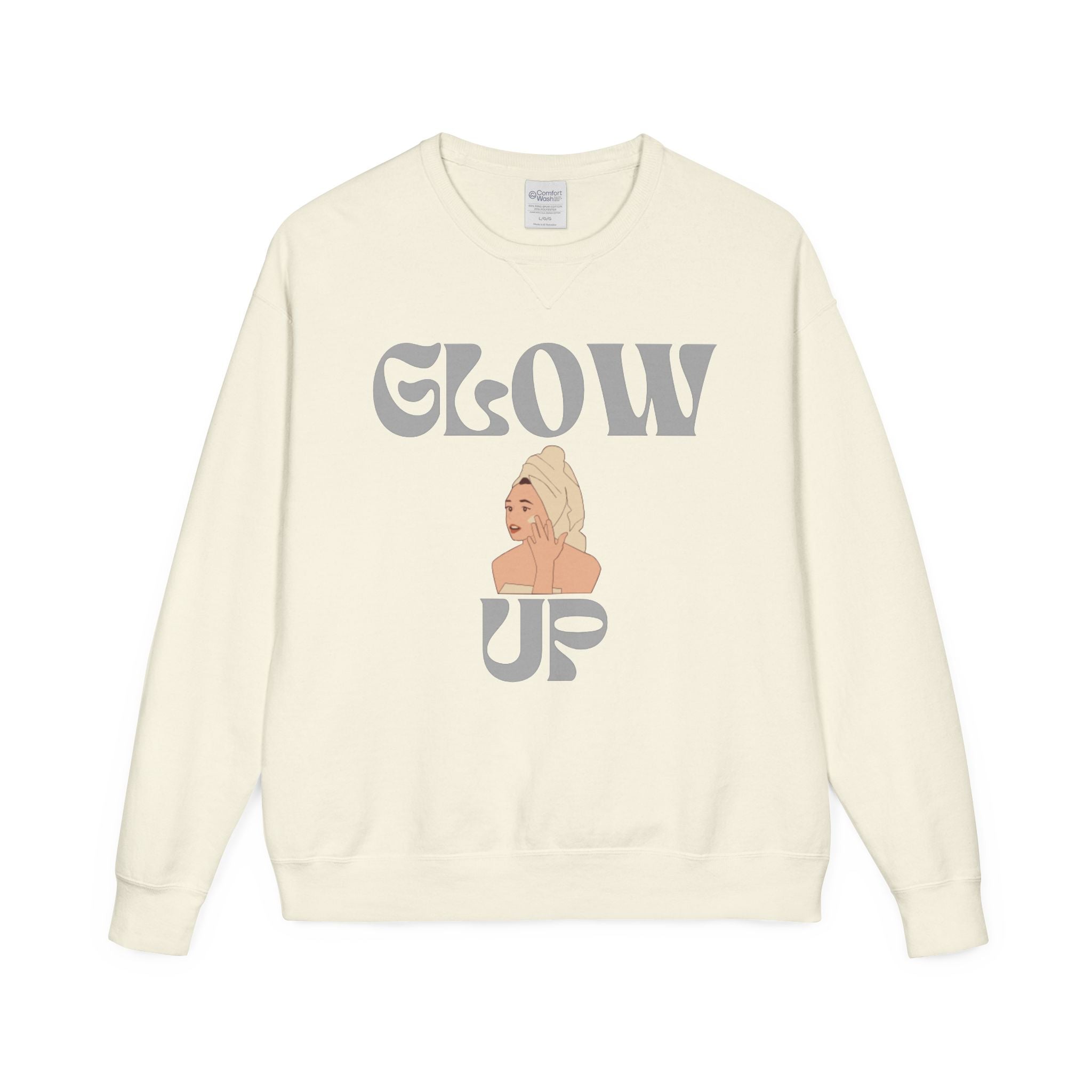 Glow Up Crewneck Sweatshirt — Retro Script Portrait Graphic