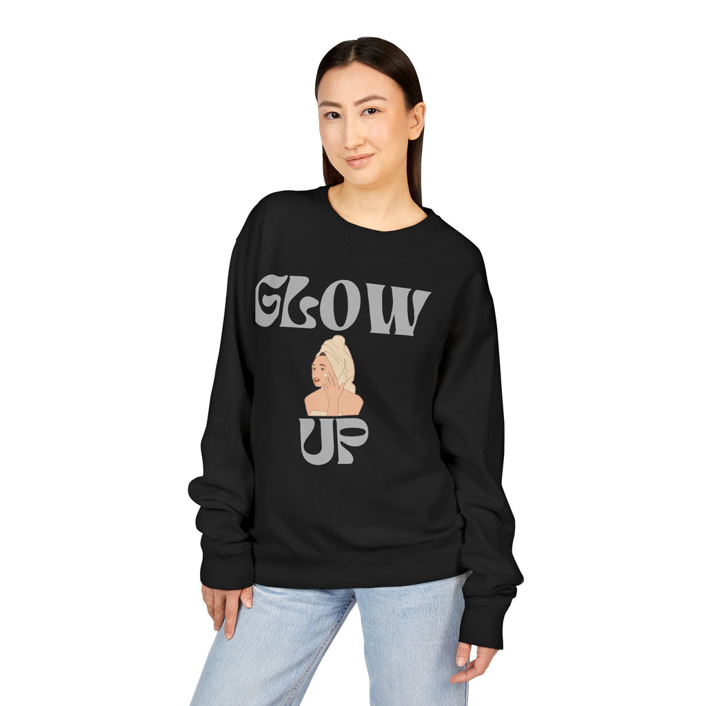 Glow Up Crewneck Sweatshirt — Retro Script Portrait Graphic