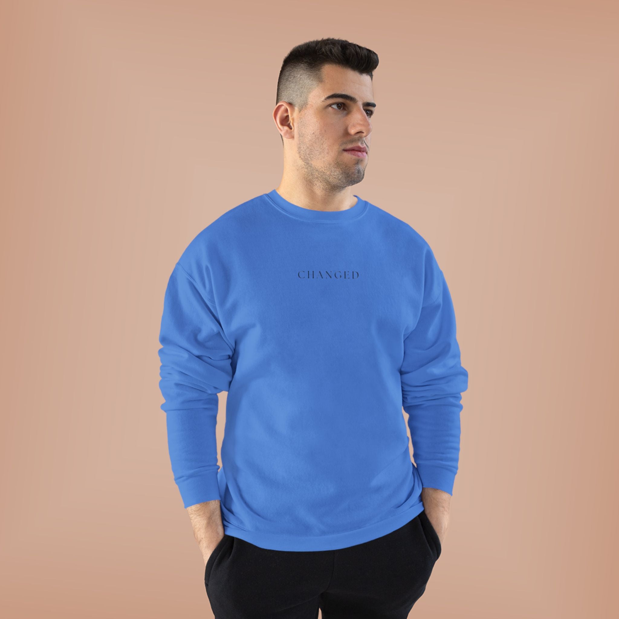 Minimal 'Changed' Crewneck Sweatshirt — Subtle Text Graphic, Eco-Friendly Comfort
