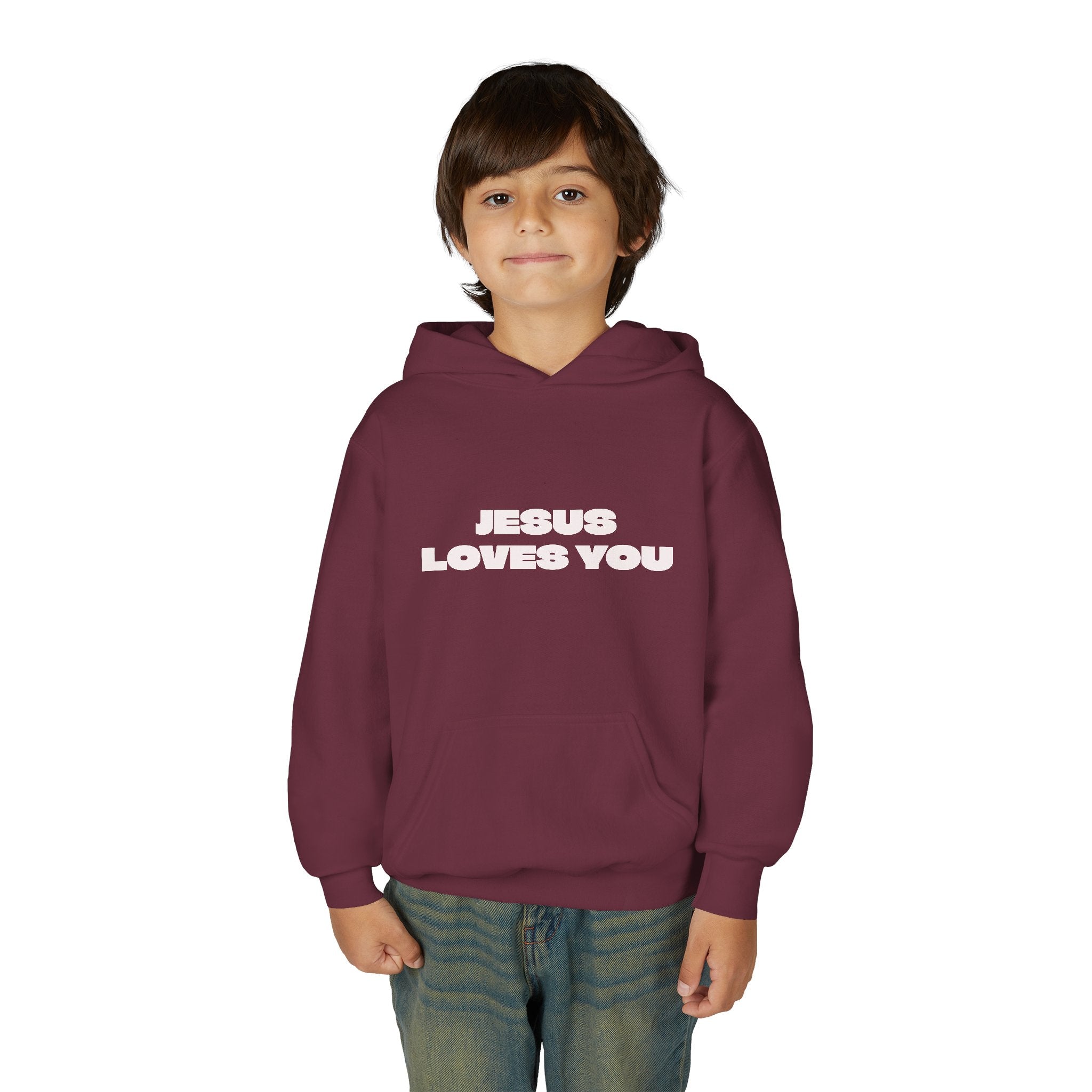 Youth Hoodie — "Jesus Loves You" Christian Faith Pullover