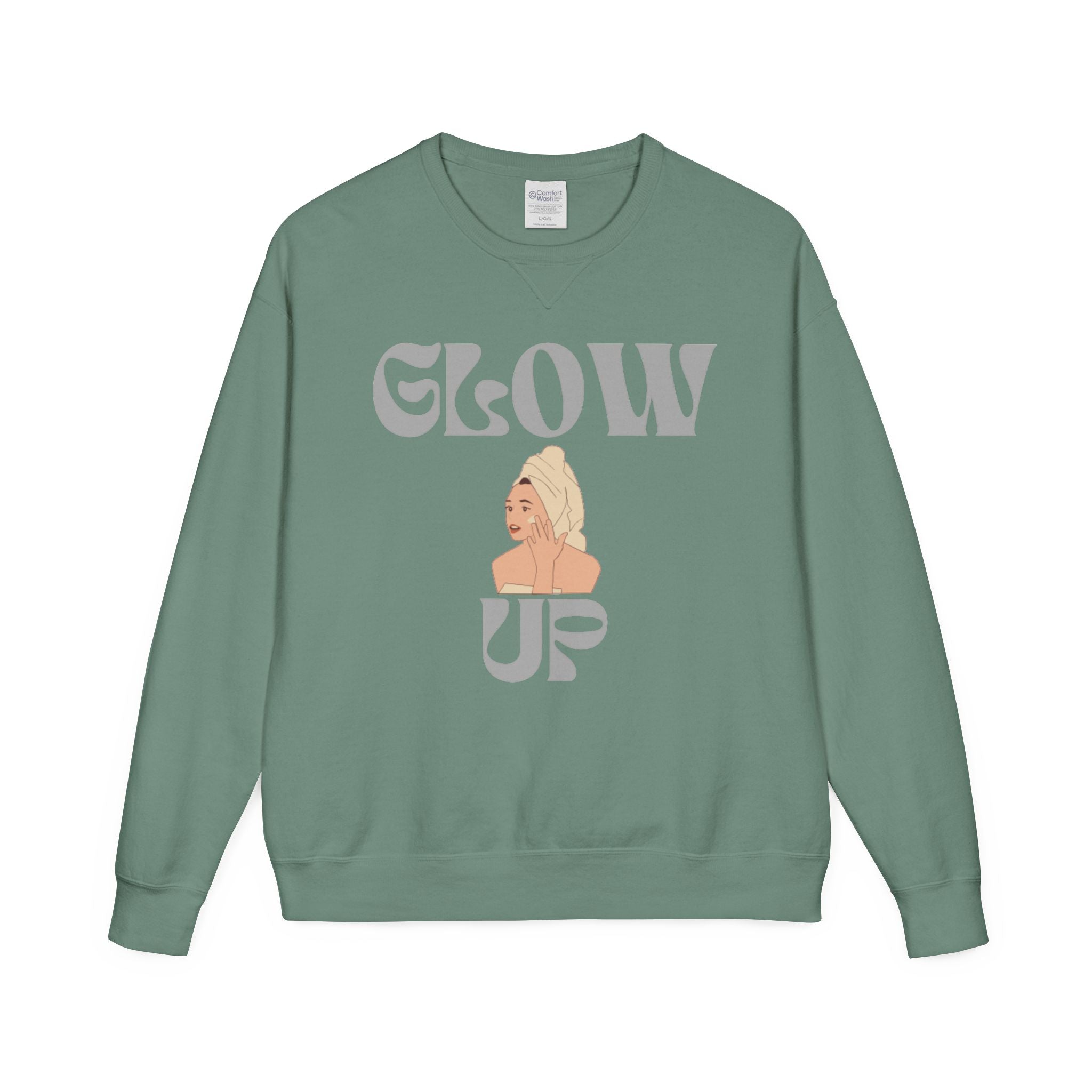 Glow Up Crewneck Sweatshirt — Retro Script Portrait Graphic