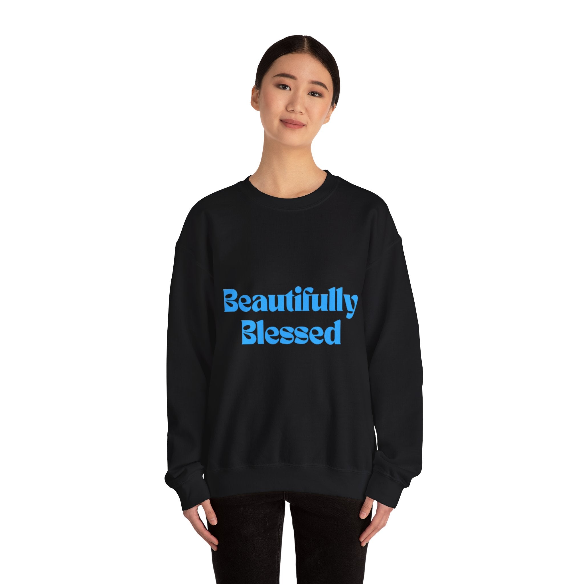 Beautifully Blessed Crewneck Sweatshirt | Inspirational Script, Light Blue Text