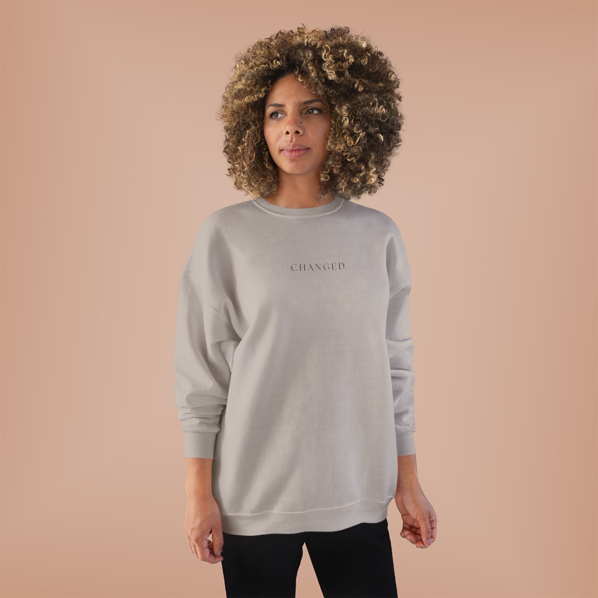 Minimal 'Changed' Crewneck Sweatshirt — Subtle Text Graphic, Eco-Friendly Comfort