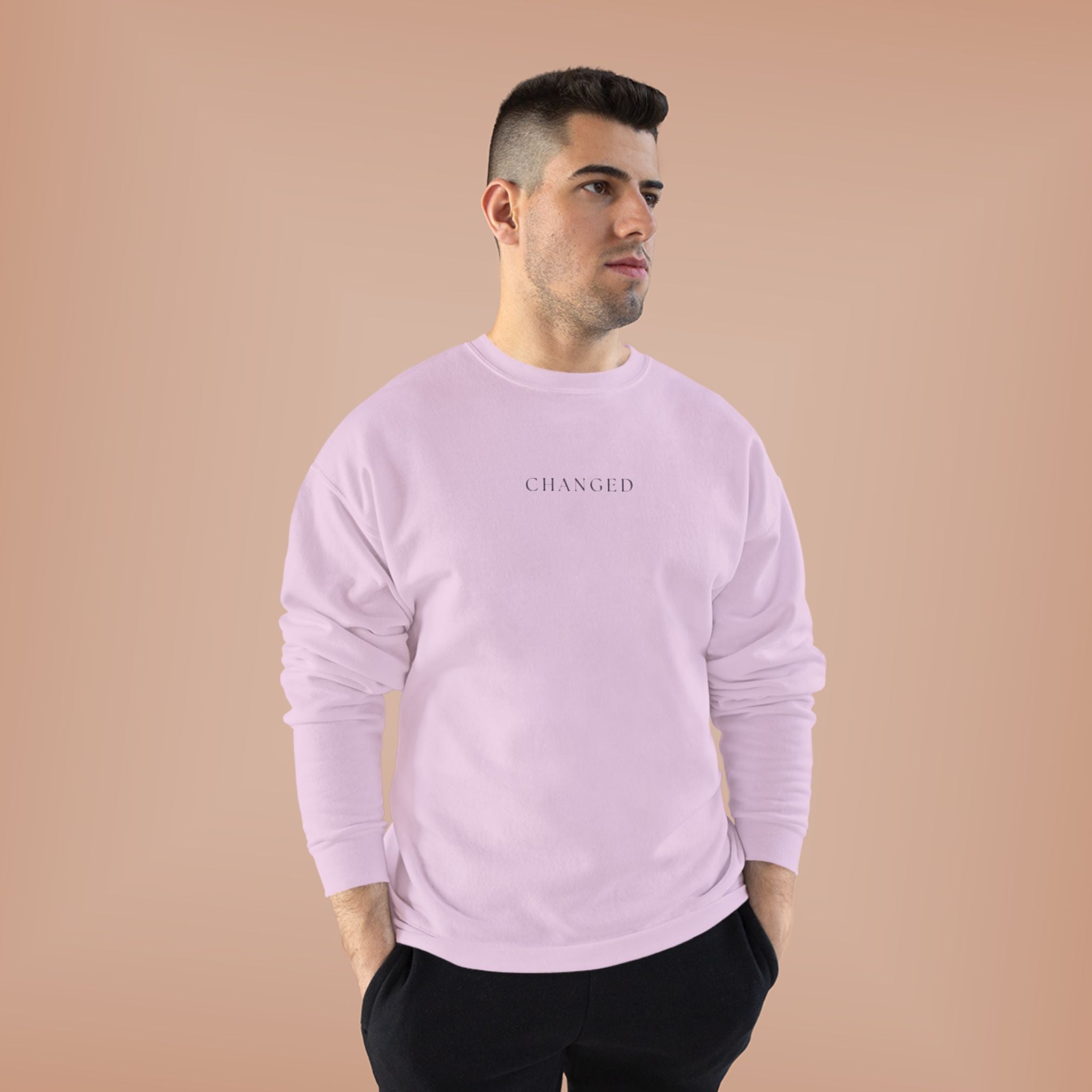 Minimal 'Changed' Crewneck Sweatshirt — Subtle Text Graphic, Eco-Friendly Comfort