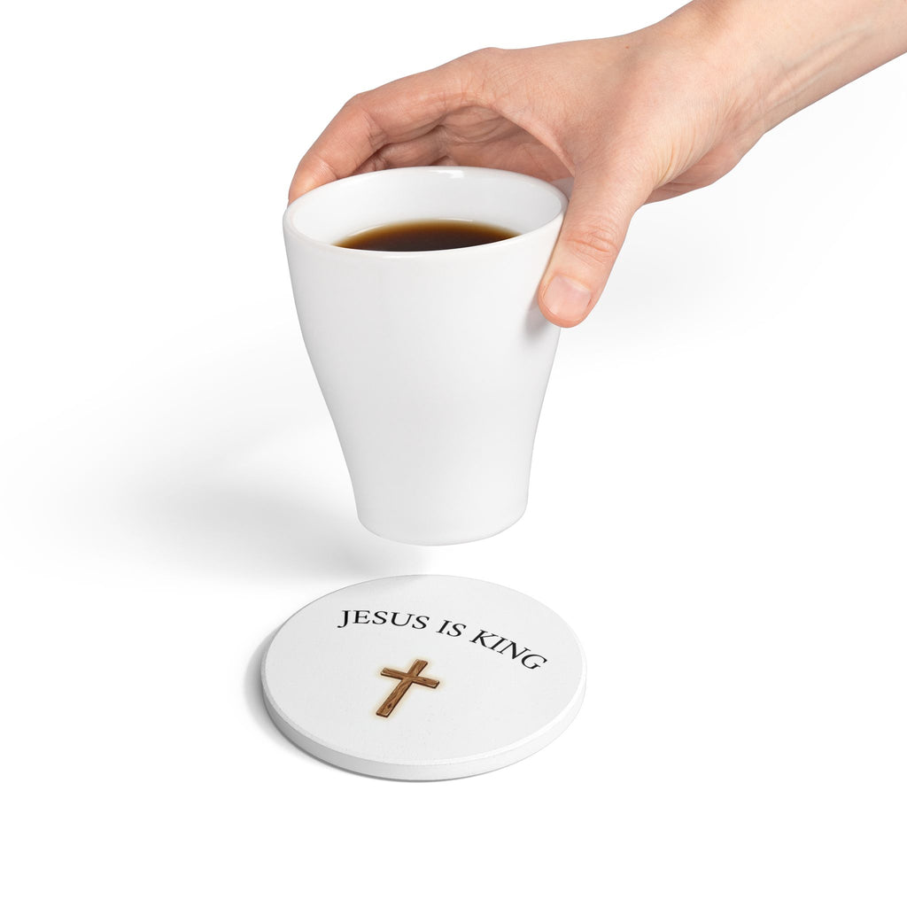 Jesus Is King Ceramic Coaster  Christian Cross Drink Coaster