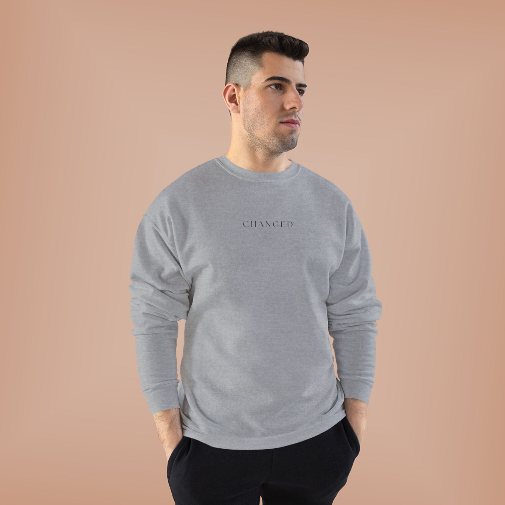 Minimal 'Changed' Crewneck Sweatshirt — Subtle Text Graphic, Eco-Friendly Comfort