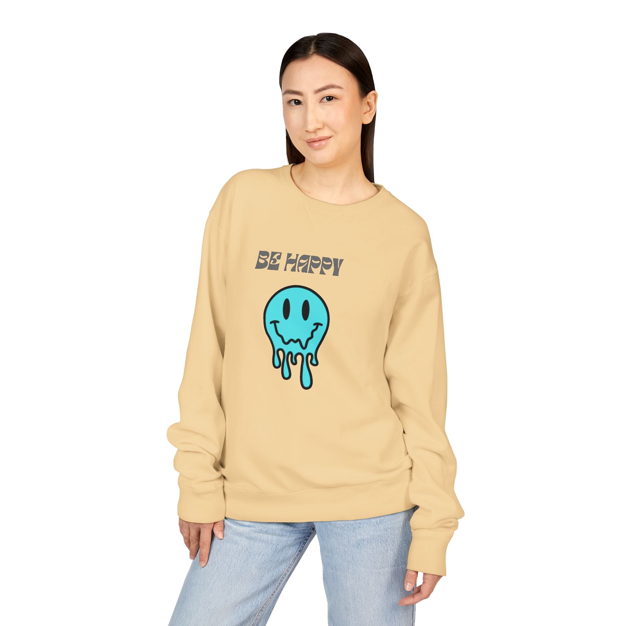 Be Happy Melting Smiley Crewneck Sweatshirt — Casual Positive Graphic Sweatshirt