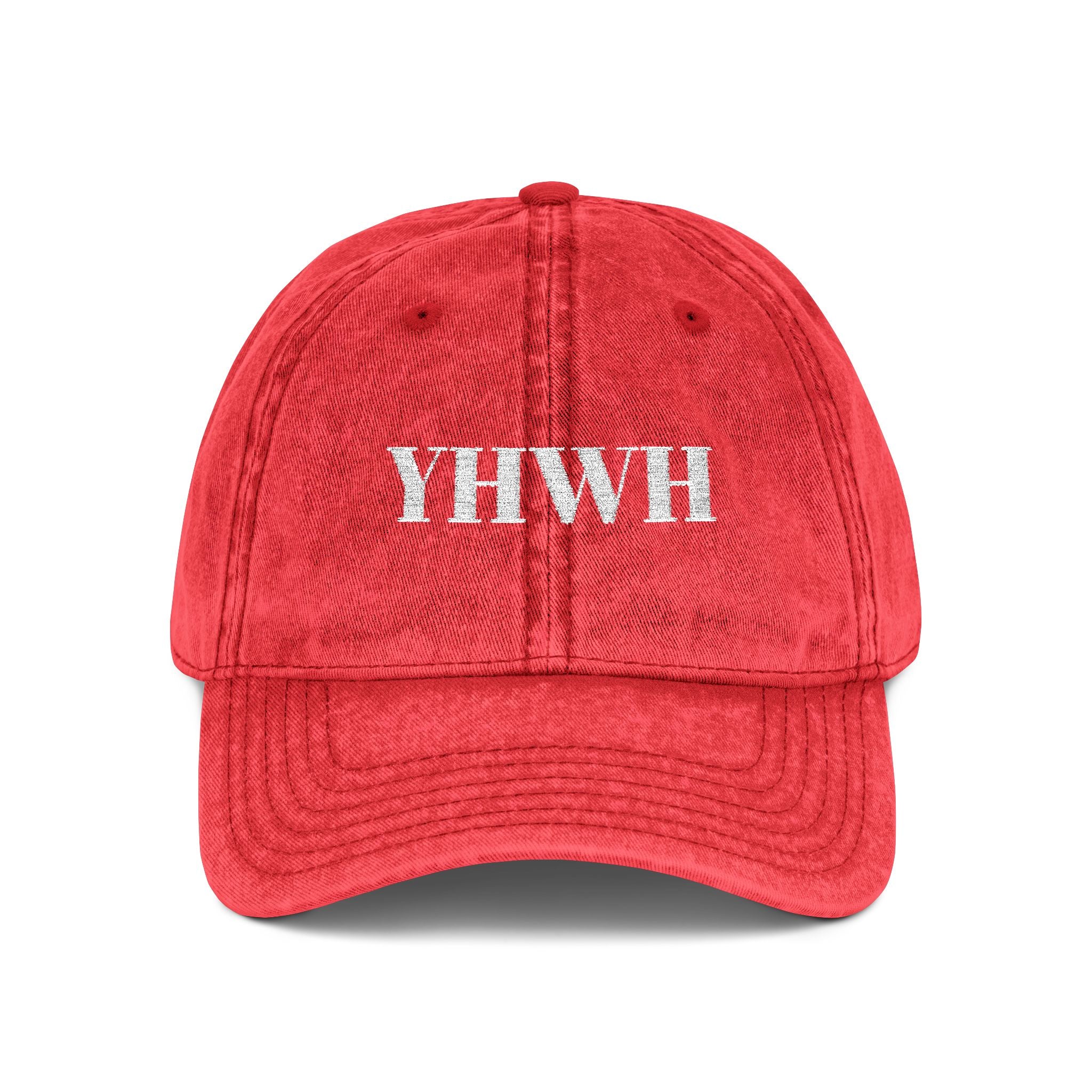 Vintage YHWH Embroidered Cap — Distressed Red Religious Baseball Hat