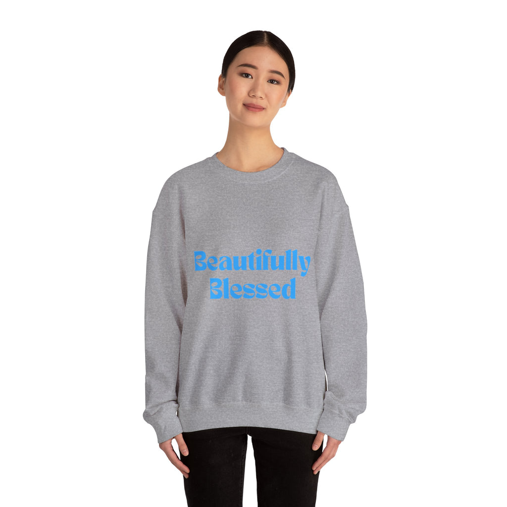 Beautifully Blessed Crewneck Sweatshirt | Inspirational Script, Light Blue Text