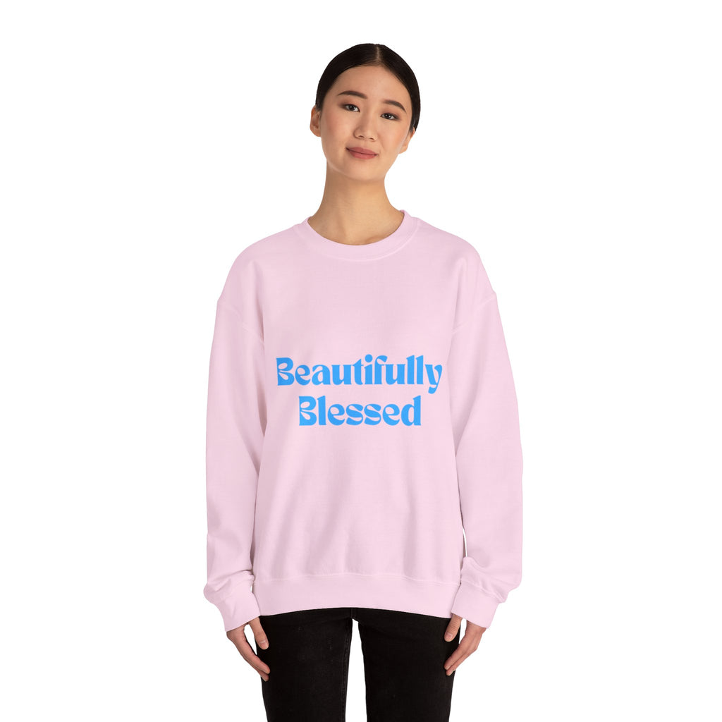 Beautifully Blessed Crewneck Sweatshirt | Inspirational Script, Light Blue Text