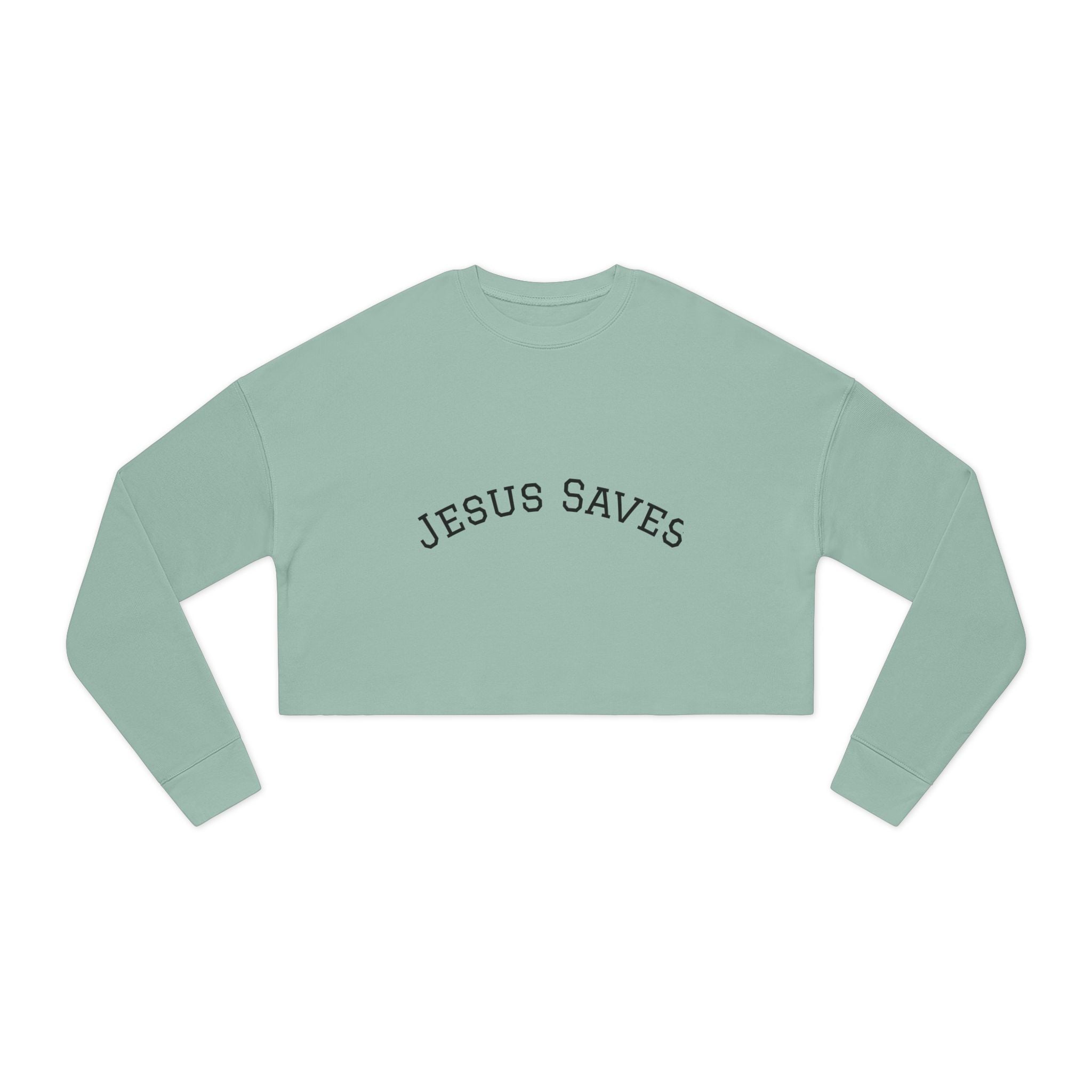 Jesus Saves Cropped Sweatshirt — Women's Faith Graphic Top
