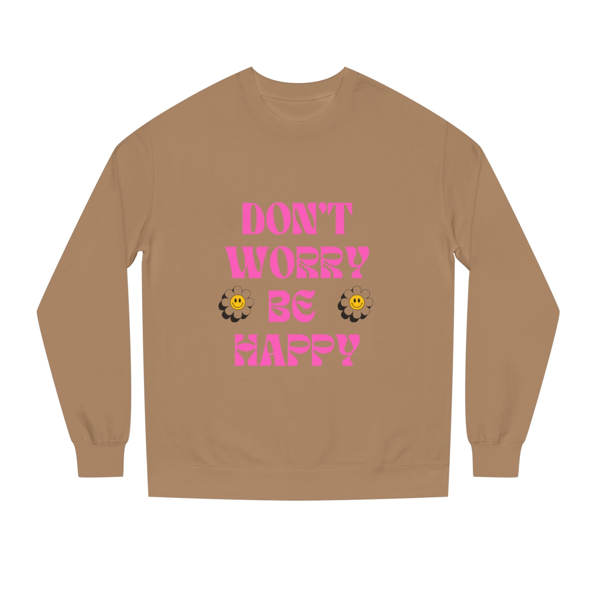 Don't Worry Be Happy Sweatshirt — Pink Retro Daisy Graphic Crewneck