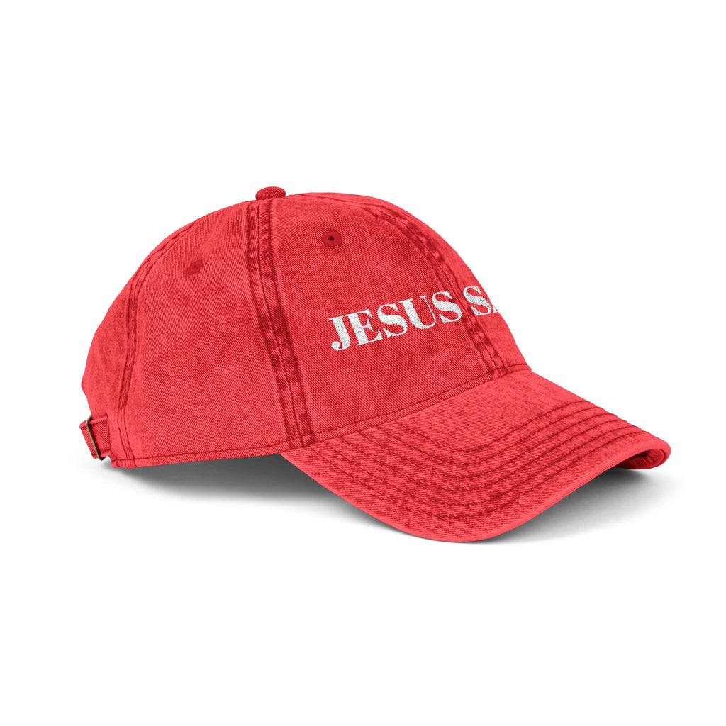 Jesus Saves Vintage Embroidered Cap — Distressed Red Faith Dad Hat