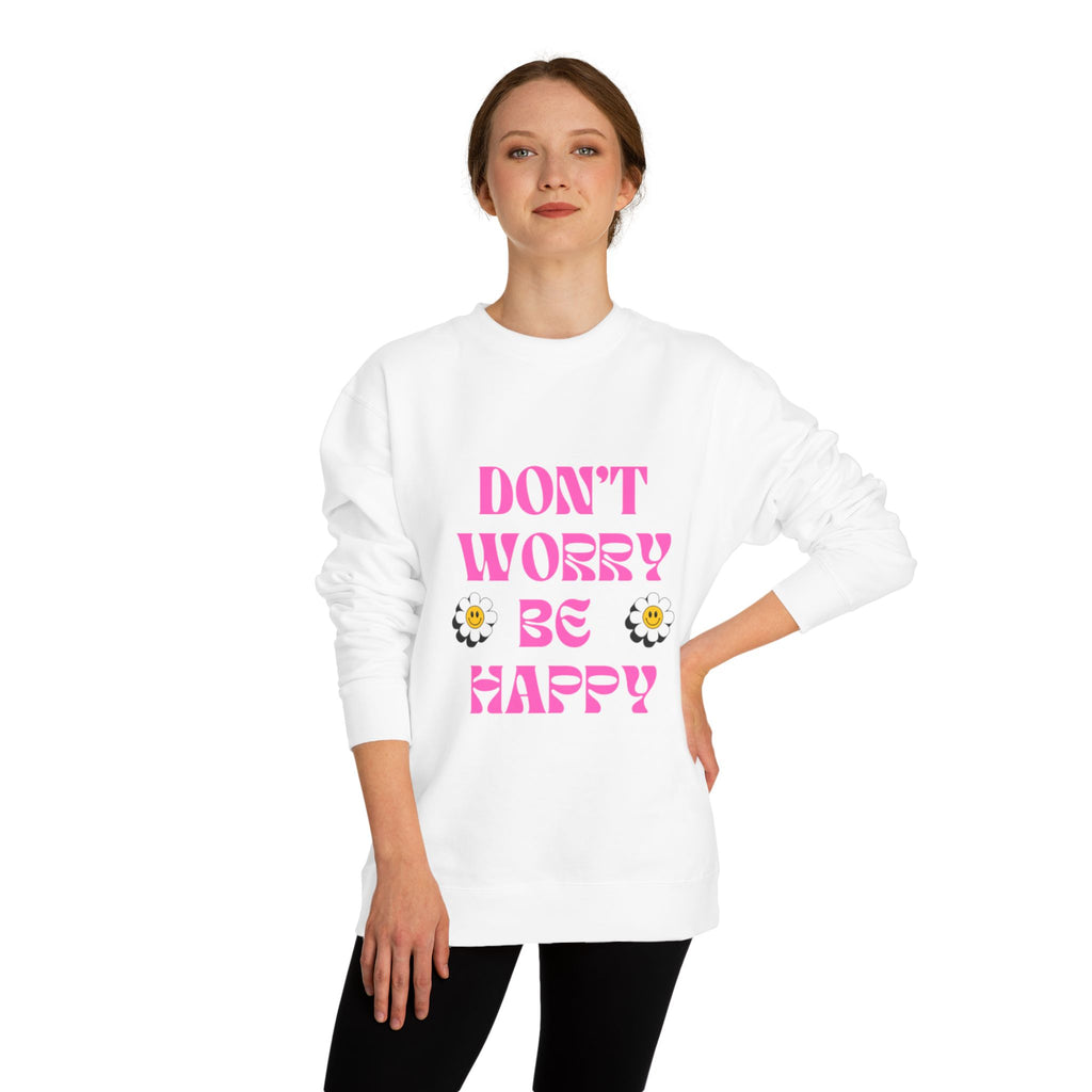 Don't Worry Be Happy Sweatshirt — Pink Retro Daisy Graphic Crewneck