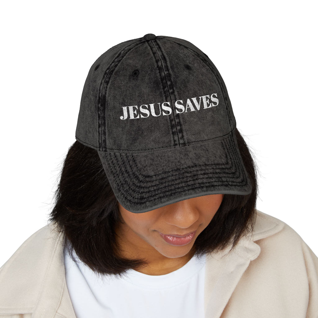 Jesus Saves Vintage Embroidered Cap — Distressed Red Faith Dad Hat
